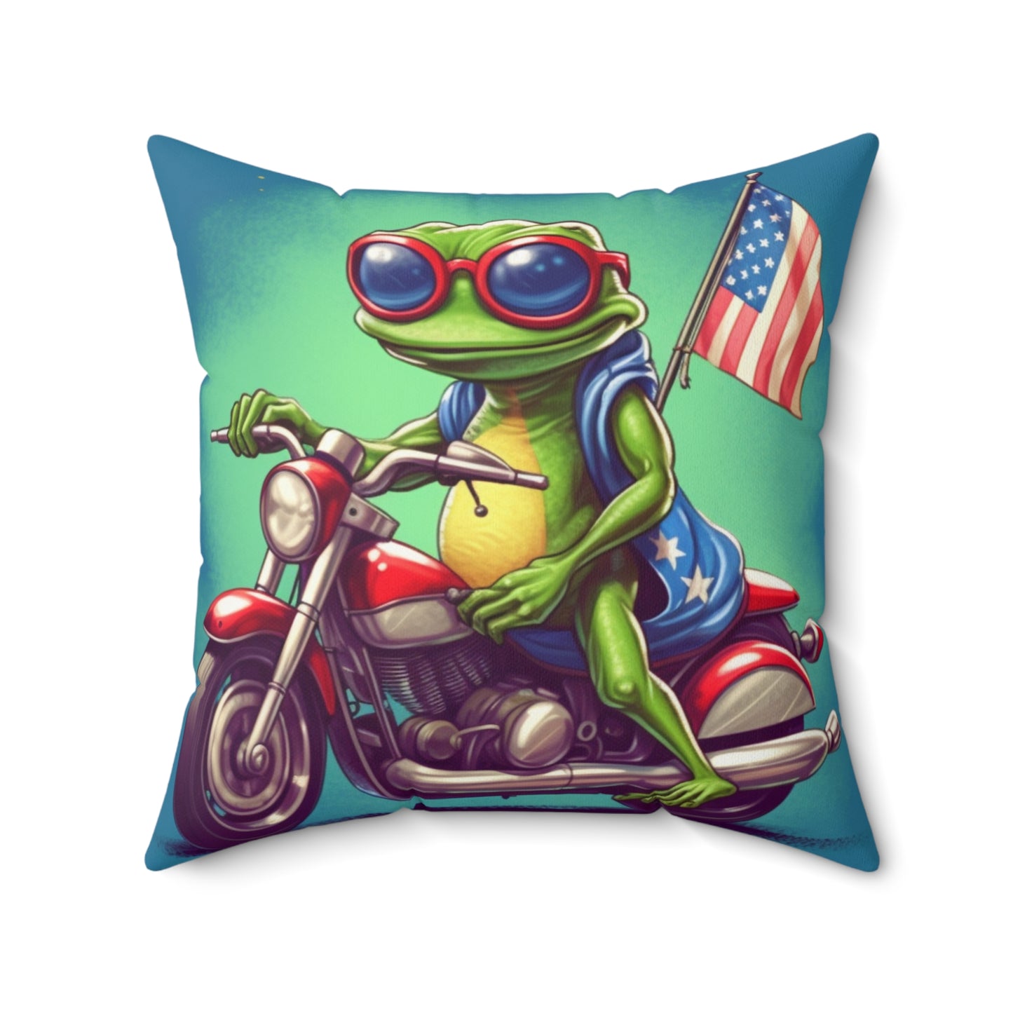 Frog Cartoon Anime USA Patriotic Motorcycle Rider Graphic Spun Polyester Square Pillow