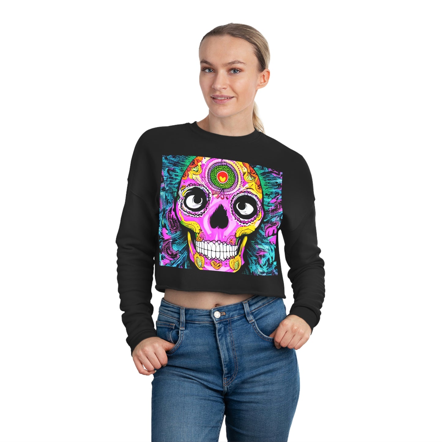 Trippy psychedelic Skull Skeleton Head Face Women's Cropped Sweatshirt