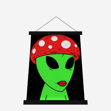 Mushroom Head Green Alien Visitor w/ Red Lips Wood Topped Wall Tapestry - 26" x 36"